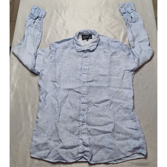 VICTOR Men Size 2XL Blue Dye 100% LINEN Long Sleeve Button Shirt Made In Spain - Picture 7 of 14